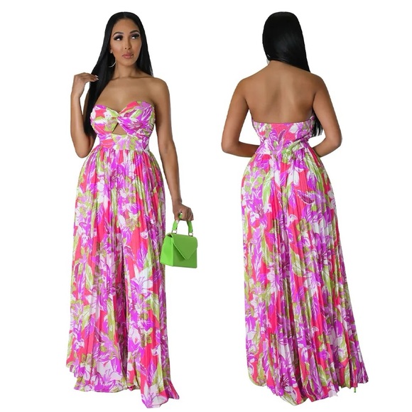 No Brand Pants - BOGO PINK Floral Tube Jumpsuit Flare Bottoms Never Worn